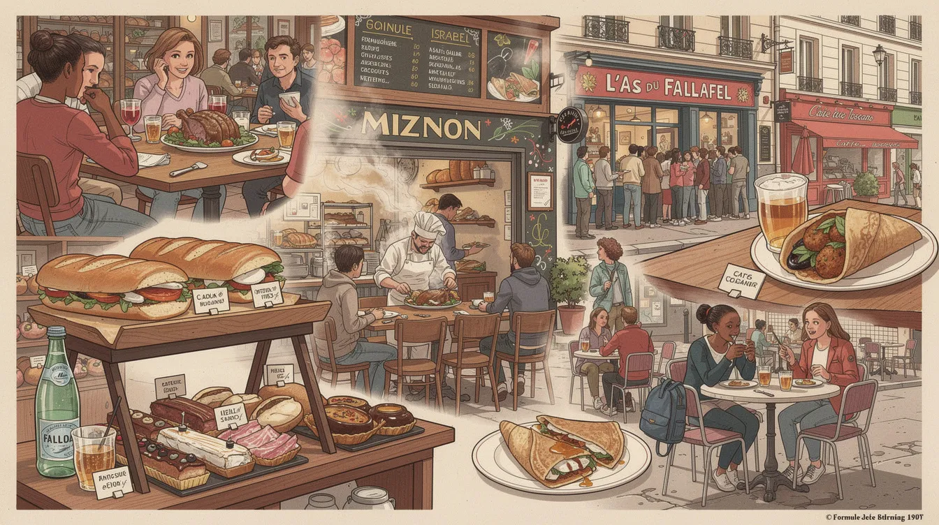 The image showcases a vibrant scene from a popular bakery in Paris, featuring a delicious lunch formula that includes a freshly made sandwich, a drink, and a dessert. The inviting atmosphere captures the essence of dining in Paris, with patrons enjoying their meals at communal tables, surrounded by the aroma of baked goods and the lively chatter of locals.