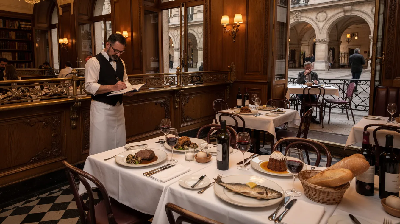 The image captures the lively atmosphere of Bouillon Chartier, a classic French bistro in Paris, featuring ornate Belle Époque decor with mirrors and brass railings. Diners enjoy traditional French dishes like boeuf bourguignon and escargots, while waiters take orders on paper tablecloths, creating a charming and timeless dining experience.
