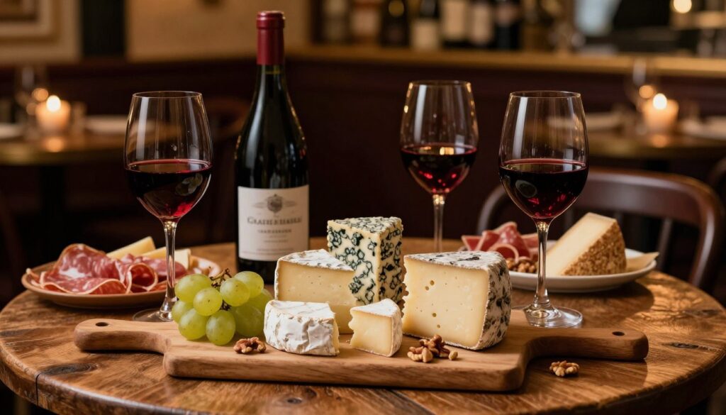 A beautifully arranged French wine and cheese tasting scene on a rustic wooden table. In the foreground, an elegant selection of artisanal cheeses, including Brie, Roquefort, and Comté, artfully displayed on a wooden cheese board, garnished with fresh grapes and nuts. Beside the cheeses, there are two crystal wine glasses filled with deep red Bordeaux, reflecting soft candlelight. In the middle ground, a bottle of wine with a classic label sits elegantly, while a charcuterie platter complements the flavors. The background features a dimly lit Parisian bistro, with warm, ambient lighting creating an inviting atmosphere. The image captures rich textures and colors in 8k resolution, evoking a sense of intimacy and indulgence, perfect for a romantic Parisian experience.