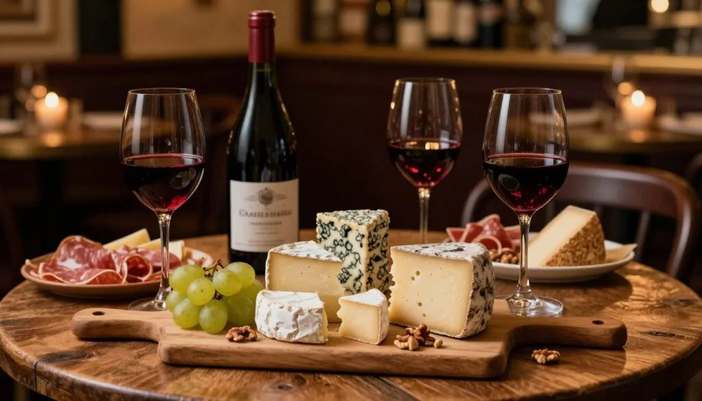 Krásne aranžovaná scéna s ochutnávkou francúzskeho vína a syra na rustikálnom drevenom stole. V popredí je elegantný výber remeselných syrov vrátane Brie, Roquefortu a Comté, umelecky vystavených na drevenej syrovej doske, ozdobených čerstvým hroznom a orechmi. Vedľa syrov sú dva krištáľové poháre na víno naplnené tmavočerveným Bordeaux, ktoré odrážajú jemné svetlo sviečok. V strede elegantne sedí fľaša vína s klasickou etiketou, zatiaľ čo tanier s údeninami dopĺňa chute. V pozadí je slabo osvetlené parížske bistro s teplým, ambientným osvetlením, ktoré vytvára príjemnú atmosféru. Obrázok zachytáva bohaté textúry a farby v rozlíšení 8k, evokuje pocit intimity a pôžitku, ideálny pre romantický parížsky zážitok.