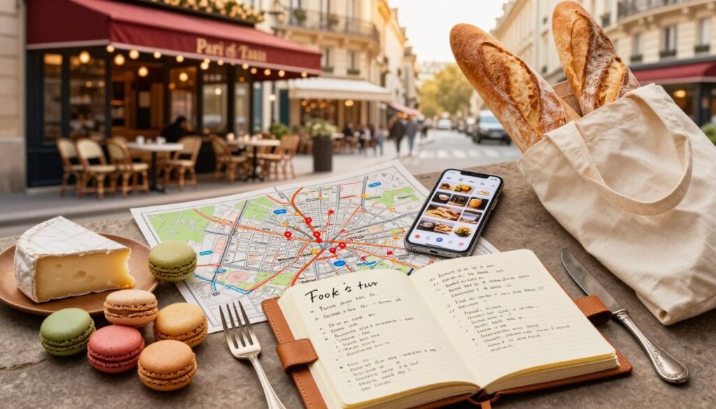 A beautifully arranged flat lay image showcasing essential items and tips for booking the perfect food tour in Paris. In the foreground, a stylish leather notebook opens to reveal handwritten notes with essential tips, surrounded by colorful macarons, selection of cheeses, and a vintage fork and knife. In the middle, a classic Parisian map with highlighted foodie hotspots, a smartphone with food tour apps visible, and a trendy tote bag filled with fresh baguettes. The background features a soft-focus view of a charming Parisian street café, complete with outdoor seating under vibrant awnings, bathed in warm, golden hour sunlight. The mood is inviting and inspiring, evoking a sense of adventure in culinary exploration, with highly detailed textures and 8k resolution for an immersive experience.