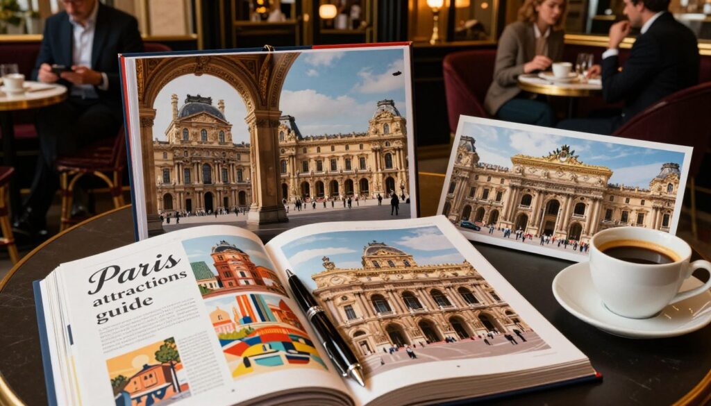 A beautifully arranged flat lay of a "Paris attractions guide" featuring iconic indoor spots such as the Louvre, Musée d'Orsay, and Palais Garnier. In the foreground, an elegant guidebook is opened to a vibrant page showing illustrations of famous artworks, complemented by a stylish pen and a small cup of espresso. The middle ground captures alluring photographs of these attractions, framed artistically, with soft lighting enhancing their details. In the background, a cozy, chic café setting with Parisians in professional attire enjoying their time contributes to the ambiance. The overall scene is bathed in warm cinematic lighting, highlighting intricate textures, inviting atmosphere, and a feeling of curiosity and exploration, all rendered in stunning 8k resolution. A beautifully arranged flat lay of a "Paris attractions guide" featuring iconic indoor spots such as the Louvre, Musée d'Orsay, and Palais Garnier. In the foreground, an elegant guidebook is opened to a vibrant page showing illustrations of famous artworks, complemented by a stylish pen and a small cup of espresso. The middle ground captures alluring photographs of these attractions, framed artistically, with soft lighting enhancing their details. In the background, a cozy, chic café setting with Parisians in professional attire enjoying their time contributes to the ambiance. The overall scene is bathed in warm cinematic lighting, highlighting intricate textures, inviting atmosphere, and a feeling of curiosity and exploration, all rendered in stunning 8k resolution.