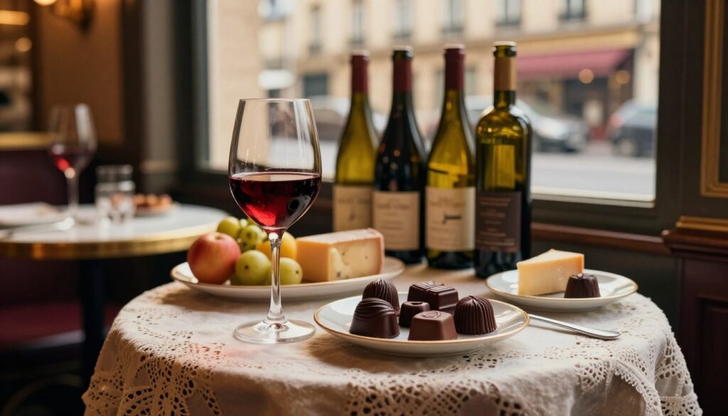 A beautifully arranged table in a cozy Parisian café setting, showcasing an array of culinary delights featuring decadent chocolates and fine wines. In the foreground, an elegant wine glass filled with red wine catches the light, reflecting warm tones. Next to it, a small plate of artisanal dark chocolates, intricately designed, exudes richness and texture. The middle ground reveals a wooden table adorned with a delicate lace tablecloth, with fresh fruits, cheese, and a selection of wine bottles adding to the scene. The background includes softly blurred hints of a charming Parisian street through a large window, bathed in gentle, golden hour lighting. Create a warm, inviting atmosphere that captures the essence of savoring culinary delights in Paris, rendered in 8k resolution with cinematic lighting and highly detailed textures. A beautifully arranged table in a cozy Parisian café setting, showcasing an array of culinary delights featuring decadent chocolates and fine wines. In the foreground, an elegant wine glass filled with red wine catches the light, reflecting warm tones. Next to it, a small plate of artisanal dark chocolates, intricately designed, exudes richness and texture. The middle ground reveals a wooden table adorned with a delicate lace tablecloth, with fresh fruits, cheese, and a selection of wine bottles adding to the scene. The background includes softly blurred hints of a charming Parisian street through a large window, bathed in gentle, golden hour lighting. Create a warm, inviting atmosphere that captures the essence of savoring culinary delights in Paris, rendered in 8k resolution with cinematic lighting and highly detailed textures.