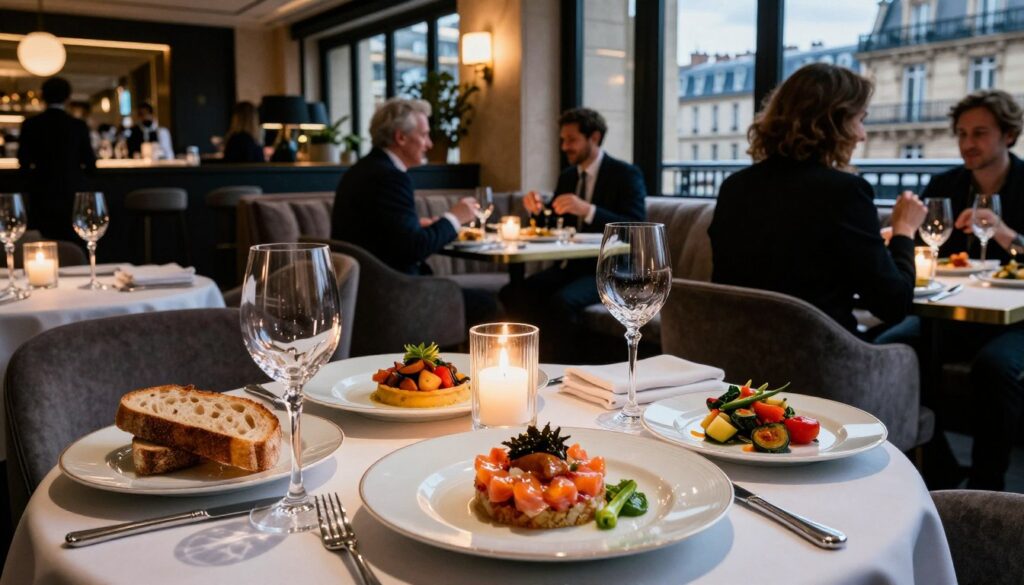A beautifully arranged table set in a stylish Parisian restaurant, showcasing a variety of gastronomic delights. In the foreground, focus on an elegant plate filled with gourmet dishes, such as a delicate salmon tartare, vibrant vegetable ratatouille, and artisanal bread. Crystal wine glasses glimmer beside the plates, reflecting soft candlelight. The middle ground features a chic, modern restaurant interior with plush seating and tasteful decor, while happy diners can be seen enjoying their meals, dressed in professional attire and modest casual clothing. In the background, large windows reveal a glimpse of iconic Parisian architecture amidst an evening sky, creating a warm and inviting atmosphere. Use cinematic lighting to enhance the textures of the food and the luxurious ambiance, achieving a sharp, high-resolution image that captures the essence of Parisian gastronomy. A beautifully arranged table set in a stylish Parisian restaurant, showcasing a variety of gastronomic delights. In the foreground, focus on an elegant plate filled with gourmet dishes, such as a delicate salmon tartare, vibrant vegetable ratatouille, and artisanal bread. Crystal wine glasses glimmer beside the plates, reflecting soft candlelight. The middle ground features a chic, modern restaurant interior with plush seating and tasteful decor, while happy diners can be seen enjoying their meals, dressed in professional attire and modest casual clothing. In the background, large windows reveal a glimpse of iconic Parisian architecture amidst an evening sky, creating a warm and inviting atmosphere. Use cinematic lighting to enhance the textures of the food and the luxurious ambiance, achieving a sharp, high-resolution image that captures the essence of Parisian gastronomy.