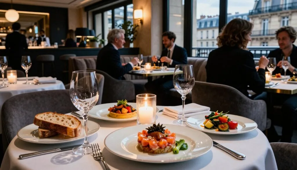 Dans un élégant restaurant parisien, une table dressée avec soin présente une variété de délices gastronomiques. Au premier plan, une assiette raffinée regorge de mets gourmands : un tartare de saumon délicat, une ratatouille de légumes colorée et du pain artisanal. Des verres à vin en cristal scintillent à côté des assiettes, reflétant la douce lueur des bougies. Au second plan, l'intérieur chic et moderne du restaurant, avec ses sièges confortables et son décor de bon goût, laisse entrevoir des convives souriants, vêtus de tenues professionnelles ou décontractées. À l'arrière-plan, de grandes fenêtres offrent un aperçu de l'architecture parisienne emblématique sous le ciel du soir, créant une atmosphère chaleureuse et accueillante. Un éclairage cinématographique mettra en valeur les textures des aliments et l'ambiance luxueuse, pour une image nette et haute résolution qui capture l'essence même de la gastronomie parisienne.