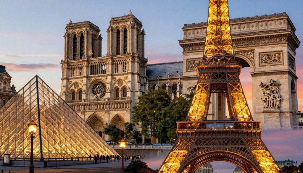 A beautifully composed image showcasing iconic Parisian attractions arranged as a visually engaging collage. In the foreground, a detailed close-up of the Eiffel Tower, illuminated at dusk with warm golden lights. To the left, the Louvre Museum's glass pyramid gleams under the soft glow of street lamps. In the middle layer, Notre-Dame Cathedral stands majestically, framed by lush trees, adding a touch of nature. In the background, the Arc de Triomphe is bathed in the soft hues of a sunset. The overall mood is vibrant and inviting, with a cinematic lighting effect that highlights the intricate architectural details. This image should evoke a sense of wonder and exploration in viewers, ideal for a travel article. Captured in 8k resolution, focusing on highly detailed textures and dynamic angles.