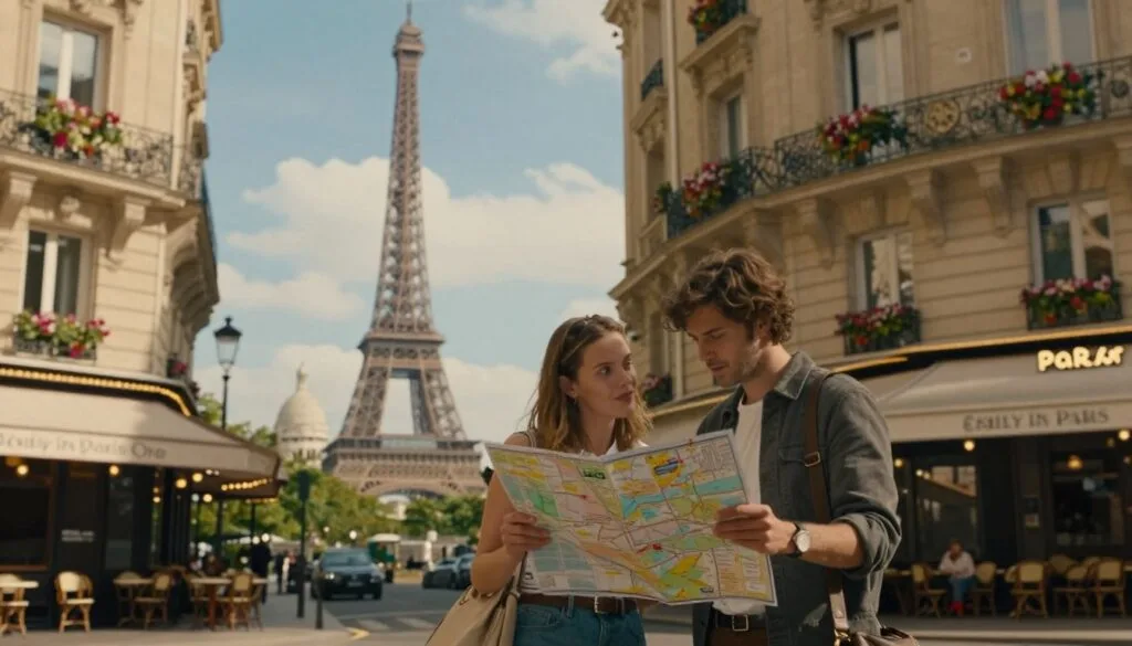 Una escena de hermosa composición que muestra consejos prácticos para visitar lugares emblemáticos de rodaje de "Emily en París". En primer plano, una pareja vestida de forma informal examina un elegante mapa mientras comenta su itinerario. Están rodeados de una encantadora arquitectura parisina, con cafeterías clásicas con terraza. En segundo plano, se distinguen sutilmente lugares famosos como la Torre Eiffel y el Sacré-Cœur, insinuando las atracciones principales. El fondo captura un cielo azul suave con tenues nubes, creando una atmósfera serena. Con iluminación cinematográfica, la escena se ilumina con cálidos tonos dorados, realzando las fachadas de piedra texturizada y las jardineras floridas. La fotografía tiene una resolución de 8k, ofreciendo una experiencia detallada e inmersiva que invita a los espectadores a sumergirse en el encantador mundo de París, evocando el encanto y la fascinación de la serie.