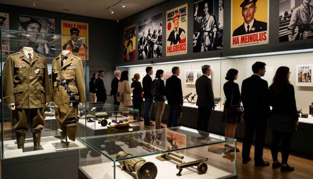 A beautifully curated exhibit inside a Paris WWII museum, featuring historically significant artifacts such as vintage uniforms, propoganda posters, and military equipment. In the foreground, detailed glass display cases showcase the items, illuminated by soft, cinematic lighting that highlights their textures and colors. In the middle ground, engaging visitors of diverse backgrounds examine the exhibits, dressed in professional and modest casual clothing, conveying a sense of curiosity and reverence. The background features museum walls adorned with large, striking images from the war, creating an immersive atmosphere. Capture the scene with a slightly angled view to enhance depth, in 8k resolution for stunning detail. The overall mood is one of reflection and respect, as the audience connects with the history of WWII in Paris.