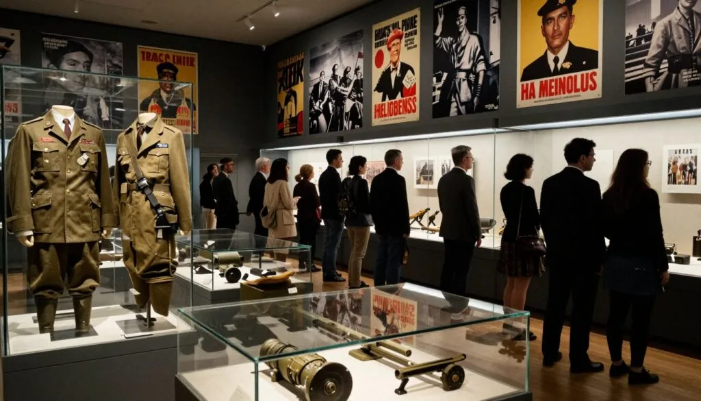 Une exposition magnifiquement agencée au sein d'un musée parisien consacré à la Seconde Guerre mondiale présente des objets d'une grande importance historique, tels que des uniformes d'époque, des affiches de propagande et du matériel militaire. Au premier plan, des vitrines finement travaillées mettent en valeur ces objets, baignés d'une lumière douce et cinématographique qui souligne leurs textures et leurs couleurs. Au second plan, des visiteurs d'horizons divers, vêtus de tenues professionnelles ou décontractées, examinent les pièces exposées avec curiosité et respect. À l'arrière-plan, les murs du musée sont ornés de grandes et saisissantes images de la guerre, créant une atmosphère immersive. Capturez la scène avec un angle de vue légèrement incliné pour accentuer la profondeur, en résolution 8K pour une netteté exceptionnelle. L'atmosphère générale est empreinte de recueillement et de respect, tandis que le public se connecte à l'histoire de la Seconde Guerre mondiale à Paris. Une exposition magnifiquement agencée au sein d'un musée parisien consacré à la Seconde Guerre mondiale présente des objets d'une grande importance historique, tels que des uniformes d'époque, des affiches de propagande et du matériel militaire. Au premier plan, des vitrines finement travaillées mettent en valeur ces objets, baignés d'une lumière douce et cinématographique qui souligne leurs textures et leurs couleurs. Au second plan, des visiteurs d'horizons divers, vêtus de tenues professionnelles ou décontractées, examinent les pièces exposées avec curiosité et respect. À l'arrière-plan, les murs du musée sont ornés de grandes et saisissantes images de la guerre, créant une atmosphère immersive. Capturez la scène avec un angle de vue légèrement incliné pour accentuer la profondeur, en résolution 8K pour une netteté exceptionnelle. L'atmosphère générale est empreinte de recueillement et de respect, tandis que le public se connecte à l'histoire de la Seconde Guerre mondiale à Paris.