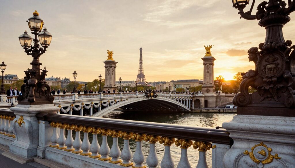A beautifully detailed image of the Pont Alexandre III bridge in Paris, showcasing its ornate bronze sculptures and impressive Beaux-Arts architecture. In the foreground, capture the intricate details of the bridge’s railings, adorned with golden statues and floral motifs. In the middle ground, show the bridge gracefully arching over the Seine River, with pedestrians enjoying the view, dressed in smart casual attire. The background features the iconic Parisian skyline, including glimpses of the Eiffel Tower and the Grand Palais, under a soft, golden sunset. Emphasize the enchanting atmosphere with cinematic lighting that creates a warm glow, enhancing the textures of the stone and metal. Ensure the composition is shot from a low angle, emphasizing the grandeur of the bridge against the vibrant sky. The image should be rendered in 8k resolution, highlighting every detail and texture vividly.