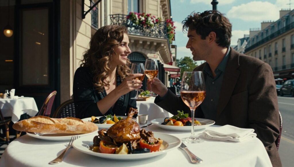 A beautifully set table outside a charming Parisian café, adorned with a white tablecloth and elegant silverware. The foreground features mouthwatering dishes like coq au vin, a fresh baguette, and vibrant ratatouille, artfully presented. A glass of rosé wine catches the light, glistening in the sun. In the middle ground, a couple dressed in stylish but modest evening attire is engaging in a joyful conversation, with smiles and glasses raised in a toast. The background showcases iconic Parisian architecture, with wrought iron balconies adorned with blooming flowers and a soft blue sky. The scene is captured in rich, cinematic lighting that enhances the allure of the dining experience, with highly detailed textures, creating an inviting and romantic atmosphere, in stunning 8k resolution.