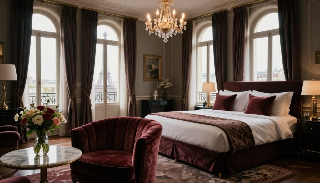 A beautifully styled chic Parisian hotel room featuring elegant furnishings and rich textures. In the foreground, a plush velvet armchair sits beside a small marble table adorned with a vase of fresh flowers. The middle ground showcases a sumptuous king-size bed dressed in high-thread-count linens, accented by decorative pillows. A delicate chandelier hangs overhead, casting a warm, inviting glow. The background reveals large, arched windows draped with sheer curtains, allowing natural light to flood the space and offering a glimpse of the Eiffel Tower in the distance. The overall ambiance is sophisticated yet cozy, evoking a sense of luxury and comfort. Shot in 8k resolution with cinematic lighting to highlight the intricate details and textures of the room.