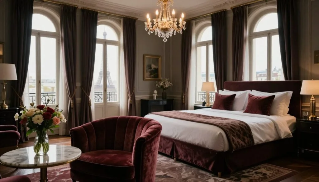 Une chambre d'hôtel parisienne chic et raffinée, au mobilier élégant et aux textures riches. Au premier plan, un fauteuil en velours moelleux côtoie une petite table en marbre ornée d'un vase de fleurs fraîches. Au second plan, un somptueux lit king-size est paré de draps en coton de haute qualité, agrémenté de coussins décoratifs. Un délicat lustre diffuse une lumière chaude et accueillante. À l'arrière-plan, de grandes fenêtres cintrées, drapées de voilages, laissent entrer la lumière naturelle et offrent un aperçu de la Tour Eiffel au loin. L'ambiance générale est à la fois sophistiquée et intime, évoquant le luxe et le confort. Filmée en résolution 8K avec un éclairage cinématographique pour sublimer les détails et les textures de la pièce. Une chambre d'hôtel parisienne chic et raffinée, au mobilier élégant et aux textures riches. Au premier plan, un fauteuil en velours moelleux côtoie une petite table en marbre ornée d'un vase de fleurs fraîches. Au second plan, un somptueux lit king-size est paré de draps en coton de haute qualité, agrémenté de coussins décoratifs. Un délicat lustre diffuse une lumière chaude et accueillante. À l'arrière-plan, de grandes fenêtres cintrées, drapées de voilages, laissent entrer la lumière naturelle et offrent un aperçu de la Tour Eiffel au loin. L'ambiance générale est à la fois sophistiquée et intime, évoquant le luxe et le confort. Filmée en résolution 8K avec un éclairage cinématographique pour sublimer les détails et les textures de la pièce.