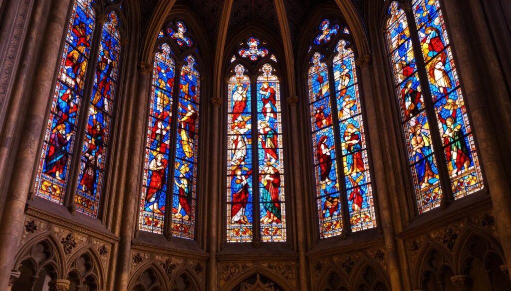 A breathtaking interior view of Sainte-Chapelle, focusing on its exquisite stained glass windows. The vibrant colors of the glass, depicting biblical scenes, illuminate the space with a kaleidoscope of hues—rich reds, deep blues, and sunny yellows. In the foreground, intricate stone arches frame the majestic windows, adding depth and architectural detail. In the middle ground, warm, soft light filters through the glass, casting colorful reflections on the stone floor, creating a serene and spiritual atmosphere. The background features the height of the chapel’s ceiling, adorned with subtle Gothic details, enhancing the grandeur of the scene. Capture this image from a slightly low angle to accentuate the towering windows, conveying a sense of awe and wonder, bathed in a tranquil, reverent ambiance.