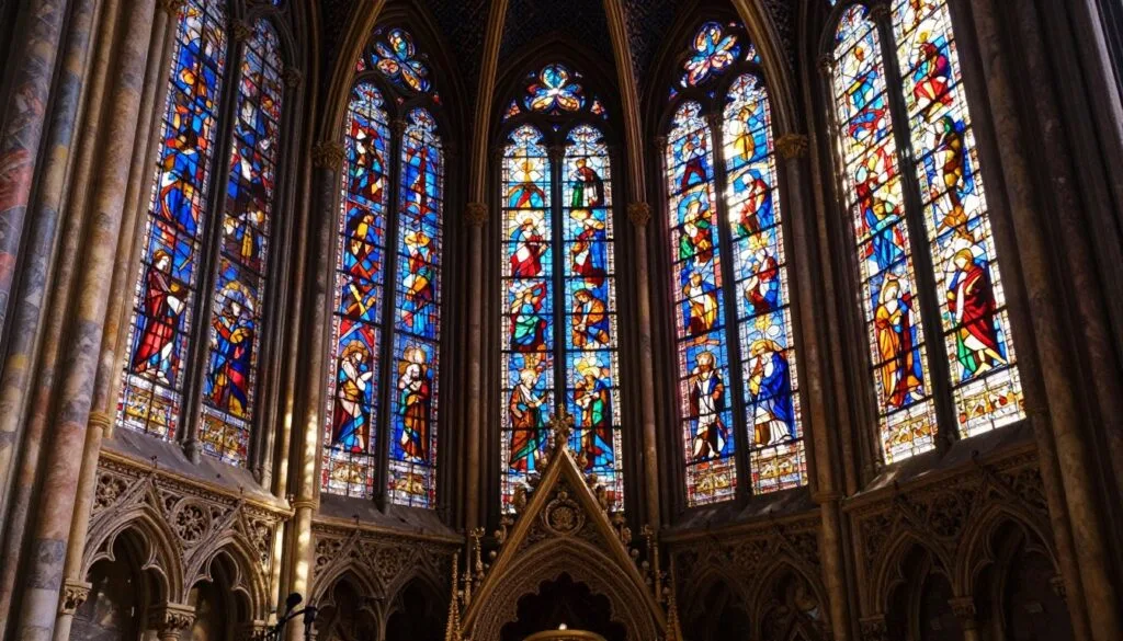 Fijery mahavariana ao Sainte-Chapelle ao Paris, mampiseho ireo varavarankely fitaratra miloko mahavariana izay feno loko marevaka maneho ireo sehatra ara-baiboly. Eo anoloana, ireo antsipiriany saro-takarina amin'ny maritrano gotika voaravaka, anisan'izany ireo andohalambo vato be pitsiny sy sary sokitra marefo, dia mamorona rindrina manankarena ho an'ny fitaratra. Ny eo afovoany dia ahitana ireo takelaka fitaratra miloko avo be izay mamoaka hazavana ethereal rehefa miditra ny tara-masoandro, ka mamoaka taratra miloko eo amin'ny gorodona marbra voapoloka. Ny ambadika dia mampiseho sombin-javatra amin'ny valindrihana avo ao amin'ny lasapely, voaravaka haingon-trano volamena malefaka. Tony sy feno fanajana ny rivo-piainana, manasa fisaintsainana sy fahagagana. Noraisina tamin'ny fakantsary haingana 35mm, ny sary hyperrealistic dia mahafaoka ny korontana analogika henjana, manasongadina ny endrika sy ny filalaovana hazavana ao anatin'ny toerana manan-tantara.