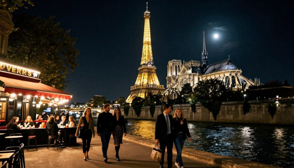 A breathtaking night scene of Paris showcasing its top nighttime attractions. In the foreground, elegant couples stroll along the Seine River, dressed in smart casual attire, enjoying the romantic ambiance. The middle ground features the iconic illuminated Eiffel Tower, sparkling against the night sky, surrounded by lively street cafes with patrons mingling under warm outdoor lighting. In the background, the historic Notre-Dame Cathedral stands majestically, bathed in soft moonlight, adding to the enchanting atmosphere. The image captures the vibrancy of Paris at night with a focus on intricate details and textures, emphasizing cinematic lighting that highlights the rich colors and shadows. The composition is shot at a slight angle, offering a dynamic view of this magical city, rendered in stunning 8k resolution for a lifelike, immersive experience.