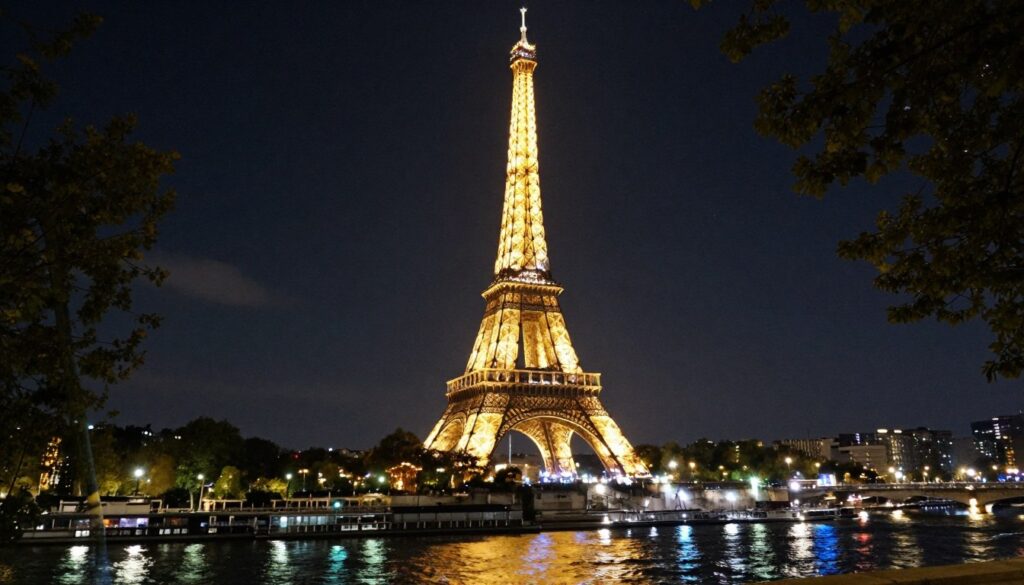 A breathtaking nighttime view of the Eiffel Tower illuminating the skyline of Paris. In the foreground, soft silhouettes of trees frame the scene, while the shimmering Seine River reflects the tower's sparkling lights. The middle ground showcases the Eiffel Tower, elegantly lit in a warm golden hue, its intricate iron lattice beautifully detailed. The background features the darkening Parisian sky, dotted with stars, adding depth to the ambiance. The composition is shot from a low angle, enhancing the tower's towering presence, with a slight bokeh effect on the surrounding city lights, creating a dreamy atmospheric feel. The scene captures the romantic essence of Paris at night, evoking a sense of wonder and charm. This highly detailed image is rendered in 8k resolution with cinematic lighting, showcasing textures and depth to highlight the city's allure.