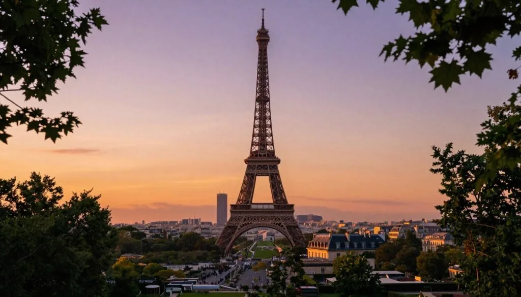 Úchvatný panoramatický pohľad na panorámu Paríža s ikonickou Eiffelovou vežou pri západe slnka. V popredí rámujú svieže zelené stromy, ktoré vytvárajú prirodzený okraj a príťažlivú perspektívu. V strede sa majestátne týči Eiffelova veža, ktorej železná mriežková konštrukcia je osvetlená zlatým slnečným svetlom; neďaleko sa nachádzajú pôvabné parížske budovy s klasickou architektúrou, ktoré dotvárajú mestskú krajinu. V pozadí sa obloha rozprestiera na prechode teplých oranžových a jemných fialových odtieňov, ktoré vrhajú na mesto krásnu žiaru. Obrázok zachytáva romantickú atmosféru Paríža s filmovým osvetlením, ktoré zdôrazňuje zložité detaily veže a okolitej scenérie. Fotografia je nasnímaná v rozlíšení 8k, ponúka vysoko detailné textúry a pocit hĺbky, ktoré pozývajú divákov, aby sa ponorili do tohto očarujúceho výhľadu.