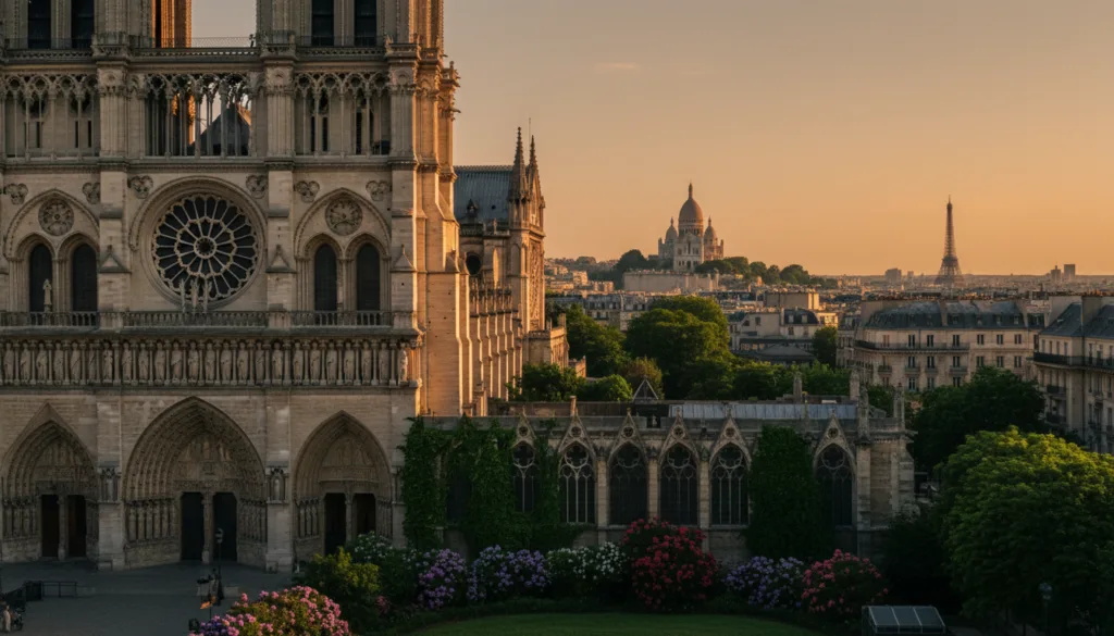 Úchvatný pohľad na krásne parížske kostoly a katedrály, ktoré ukazujú zložitú gotickú architektúru Notre-Dame s detailnými kamennými rezbami v popredí. V strede záberu zachytite pokojnú krásu Sacré-Cœur týčiacej sa na vrchole Montmartru, zaliatej teplým zlatým slnečným svetlom. V pozadí je ikonická parížska panoráma s nenápadne sa objavujúcou Eiffelovou vežou. Scéna by mala byť plná bujnej zelene a kvitnúcich kvetov okolo katedrál, čím sa vytvára živá atmosféra. Použite filmové osvetlenie na zvýraznenie textúr budov a zaistenie prívetivej a majestátnej nálady. Zachyťte túto scénu v rozlíšení 8k s miernym uhlom nahor, aby sa zdôraznila vznešenosť stavieb a vytvoril sa pocit úžasu a úžasu.