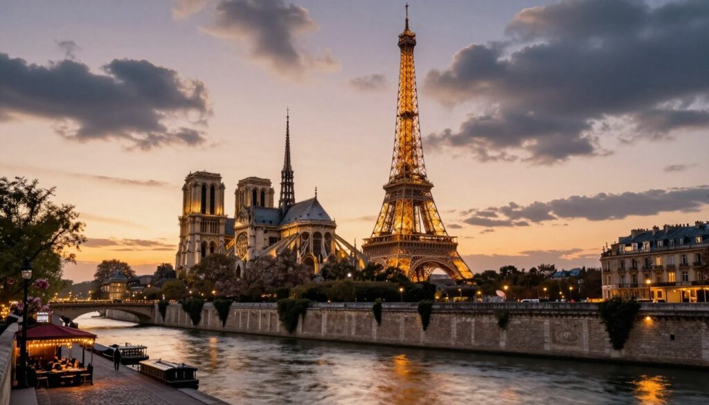 A breathtaking view of iconic Paris landmarks at dusk, featuring the Eiffel Tower prominently in the foreground, illuminated with soft, golden lights. The Seine River flows gently beside it, reflecting the warm hues of the sky. In the middle ground, the historic architecture of Notre-Dame Cathedral can be seen, with its majestic spires reaching towards the clouds. A cobblestone street lined with quaint cafés and blossoming trees invites exploration. The background is filled with softly lit views of Montmartre's artistic charm, bathed in the warm glow of sunset. The scene captures a romantic and nostalgic atmosphere, with cinematic lighting showcasing highly detailed textures, all in stunning 8k resolution.