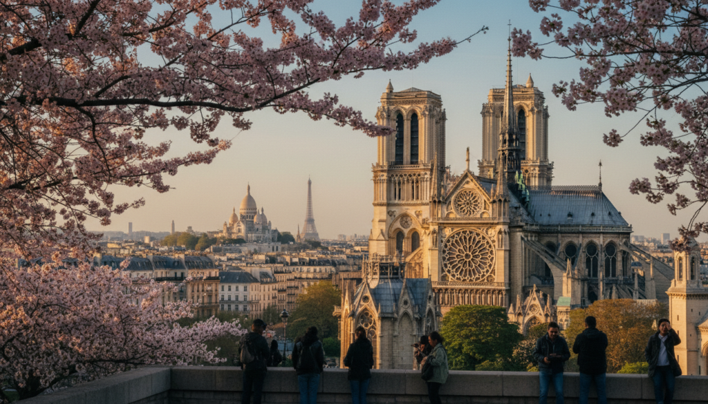 A breathtaking view of magnificent churches and cathedrals in Paris, showcasing the intricate architecture of Notre Dame with its soaring spires and stunning stained glass, alongside the majestic Sacré-Cœur perched atop Montmartre, bathed in golden hour light. In the foreground, delicate cherry blossom trees frame the scene, adding a touch of natural beauty. The middle layer highlights the detailed carvings and statues adorning the cathedrals, with tourists in modest casual attire admiring the sights, creating a sense of scale. The background features a soft, hazy skyline of Paris, with the Eiffel Tower slightly visible. Capture this in raw photograph style with cinematic lighting, emphasizing high-resolution textures and an overall serene, awe-inspiring atmosphere. The image should be devoid of text, ensuring an immersive visual experience. A breathtaking view of magnificent churches and cathedrals in Paris, showcasing the intricate architecture of Notre Dame with its soaring spires and stunning stained glass, alongside the majestic Sacré-Cœur perched atop Montmartre, bathed in golden hour light. In the foreground, delicate cherry blossom trees frame the scene, adding a touch of natural beauty. The middle layer highlights the detailed carvings and statues adorning the cathedrals, with tourists in modest casual attire admiring the sights, creating a sense of scale. The background features a soft, hazy skyline of Paris, with the Eiffel Tower slightly visible. Capture this in raw photograph style with cinematic lighting, emphasizing high-resolution textures and an overall serene, awe-inspiring atmosphere. The image should be devoid of text, ensuring an immersive visual experience.
