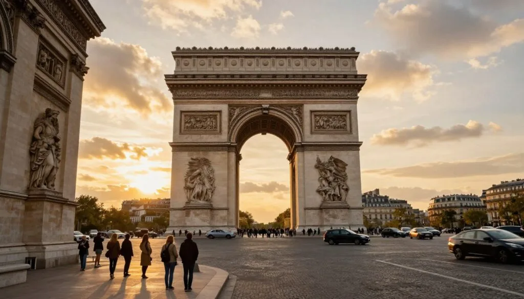 Fijery mahavariana ny Arc de Triomphe, mijoro amim-boninahitra eo afovoan'ny arabe feno olona ao Paris. Eo anoloana, aseho mazava tsara ireo antsipiriany saro-takarina momba ny sary sokitra sy ny sary sokitra ao amin'ny tsangambato, izay maneho ny maha-zava-dehibe ara-tantara an'ity rafitra malaza ity. Ny afovoany dia ahitana fifangaroan'ny hetsika fizahan-tany sy ny maritrano Parisiana mahazatra, raha ny ao ambadika kosa dia mampiseho ny faravodilanitra tsara tarehin'i Paris eo ambanin'ny filentehan'ny masoandro mahavariana, izay mamoaka hazavana volamena mafana manerana ny sehatra. Ny firafitra dia nalaina tamin'ny alalan'ny fakantsary 35mm haingana, izay manasongadina ny halalin'ny sehatra sy ny endriky ny tsangambato sy ny fiainana an-tanàn-dehibe manodidina. Ny rivo-piainana dia fifangaroan'ny fientanentanana sy ny fisaintsainana, izay maneho tsara ny hakanton'i Paris.