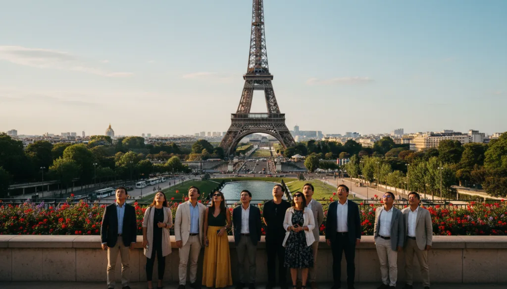 Úchvatný pohľad na Eiffelovu vežu uprostred očarujúcej panorámy Paríža, zachytávajúci vznešenosť ikonických parížskych pamiatok. V popredí žasne nad vežou rozmanitá skupina turistov oblečených v elegantne ležérnom oblečení s výrazmi plnými úžasu a obdivu. V strede sa nachádzajú žiarivé kvety a chodníky lemované stromami, ktoré zvýrazňujú bujnú zeleň parku okolo veže. V pozadí sa jemne rozmazané budovy a rieka Seina vinú mestskou krajinou pod jasnou modrou oblohou. Scéna je zaliata teplým, zlatým filmovým osvetlením, ktoré evokuje pocit romantiky a dobrodružstva. Tento obrázok, zachytený na surovej fotografii s vysokým rozlíšením, ktorá ukazuje detailné textúry a sýte farby, stelesňuje čaro Paríža ako prvotriednej destinácie na prehliadku pamiatok.