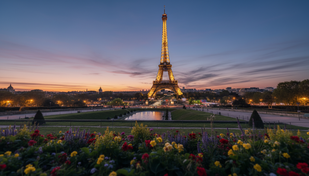 A breathtaking view of the Eiffel Tower at dusk, elegantly lit against a deepening blue sky. In the foreground, a lush garden with vibrant flowers and neatly manicured hedges leads the eye toward the iconic structure. The middle ground features the Eiffel Tower towering majestically, its intricate iron lattice design highlighted by warm golden lights. In the background, the Paris skyline is silhouetted, with soft clouds reflecting hues of pink and orange from the setting sun. The atmosphere is enchanting and romantic, inviting viewers to experience the charm of Paris. Capture this scene from a low angle to emphasize the tower's grandeur, with a soft focus on the garden in the foreground. The image should exude a sense of wonder and allure, perfect for showcasing one of the city's most beloved landmarks.