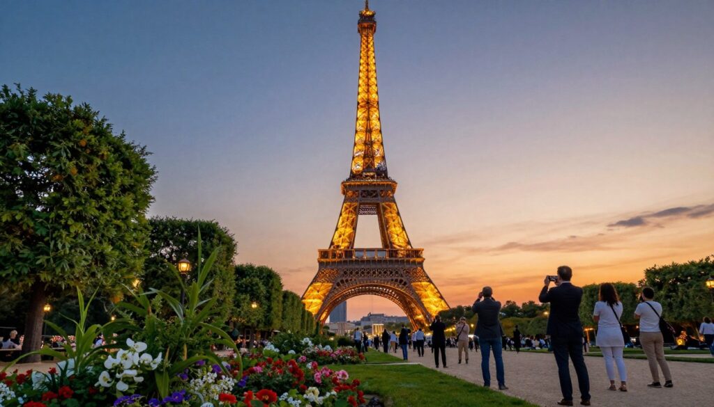 A breathtaking view of the Eiffel Tower at sunset, showcasing its iconic iron lattice structure illuminated by warm golden lights. In the foreground, a serene park filled with lush, green trees and colorful flowers, inviting visitors to enjoy the scenery. The middle ground features several tourists taking photos, dressed in professional business attire and modest casual clothing, capturing the moment against the stunning backdrop. The background reveals a clear evening sky transitioning from orange to deep blue, enhancing the tower’s silhouette. The image is shot with a 35mm fast prime lens, emphasizing depth and vibrant details, while the mood is enchanting and captivating, perfect for illustrating the allure of this Parisian landmark.