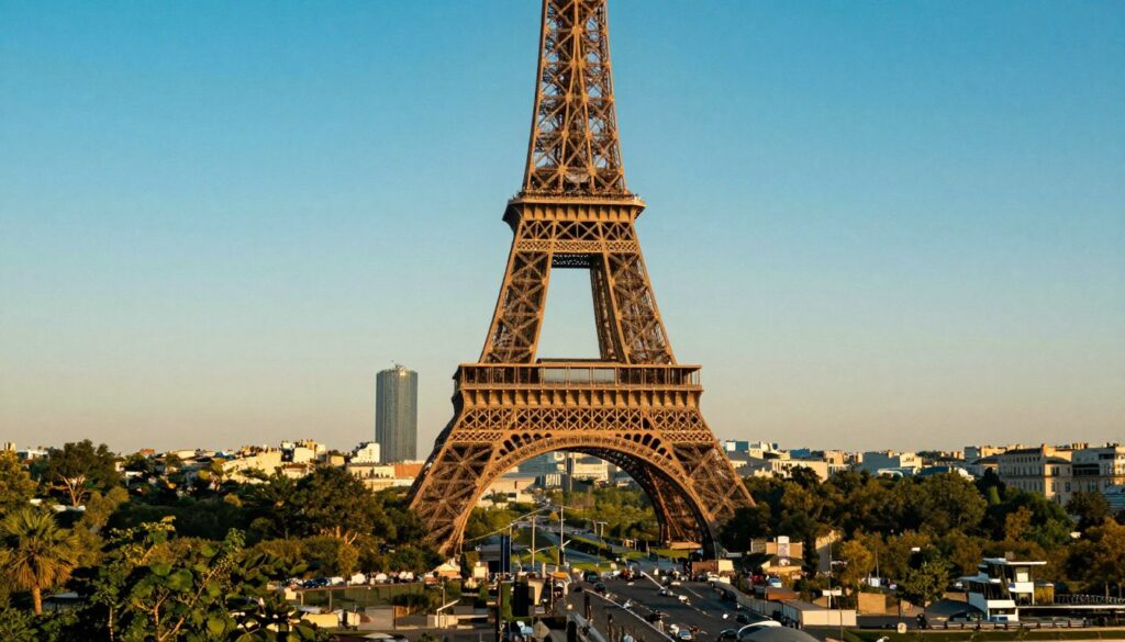 A breathtaking view of the Eiffel Tower during the golden hour, positioned centrally in the foreground, shimmering against a backdrop of a clear blue sky. The iron lattice structure is intricately detailed, capturing the rich texture and craftsmanship of the tower. In the middle ground, lush green trees of the Champ de Mars frame the Eiffel Tower, their leaves glowing softly in the warm light. The background features a hint of the Parisian skyline, with classic Haussmannian buildings and the serene Seine River glistening under the sun. The atmosphere is romantic and enchanting, evoking feelings of nostalgia and wonder. The scene is captured in a raw photograph style with cinematic lighting, in 8k resolution, ensuring highly detailed textures and vibrant colors.