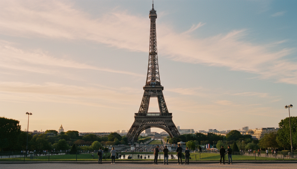 A breathtaking view of the Eiffel Tower in Paris, captured during the golden hour, showcasing its intricate iron lattice structure against a soft pink and orange sunset. In the foreground, a tranquil park with lush green trees and well-manicured lawns invites visitors, while people in modest casual clothing stroll and enjoy the scenery. The middle ground features the iconic tower, standing majestically, framed by delicate clouds. In the background, the silhouette of historic Parisian buildings can be seen, adding depth to the composition. The image is vividly detailed, showcasing textures in the tower's ironwork, with dynamic, cinematic lighting that emphasizes the romantic atmosphere of a Parisian evening. The shot is taken from a low angle, enhancing the grandeur of the landmark in 8k resolution. A breathtaking view of the Eiffel Tower in Paris, captured during the golden hour, showcasing its intricate iron lattice structure against a soft pink and orange sunset. In the foreground, a tranquil park with lush green trees and well-manicured lawns invites visitors, while people in modest casual clothing stroll and enjoy the scenery. The middle ground features the iconic tower, standing majestically, framed by delicate clouds. In the background, the silhouette of historic Parisian buildings can be seen, adding depth to the composition. The image is vividly detailed, showcasing textures in the tower's ironwork, with dynamic, cinematic lighting that emphasizes the romantic atmosphere of a Parisian evening. The shot is taken from a low angle, enhancing the grandeur of the landmark in 8k resolution.