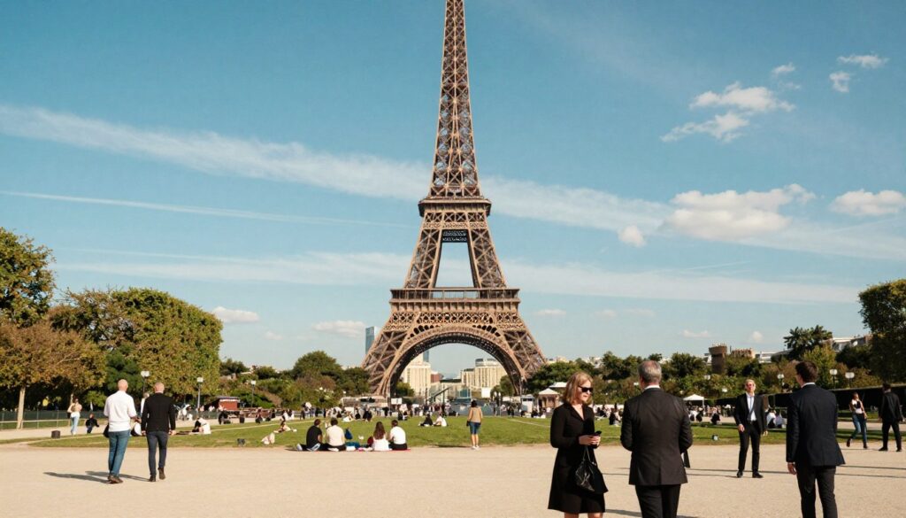 A breathtaking view of the Eiffel Tower, prominently displayed in the foreground, surrounded by charming Parisian architecture, lush trees, and leisurely tourists in professional attire enjoying the vibrant ambiance. The middle ground features a picturesque park with people picnicking, while the backdrop showcases a clear blue sky with wispy clouds, all captured in a hyperrealistic style with harsh analog chaos. The scene is illuminated by warm midday sunlight, casting soft shadows and enhancing the textures of the tower's iron lattice. A 35mm fast prime lens perspective adds depth to the image, creating an inviting and vibrant atmosphere that encapsulates the allure of this iconic landmark.