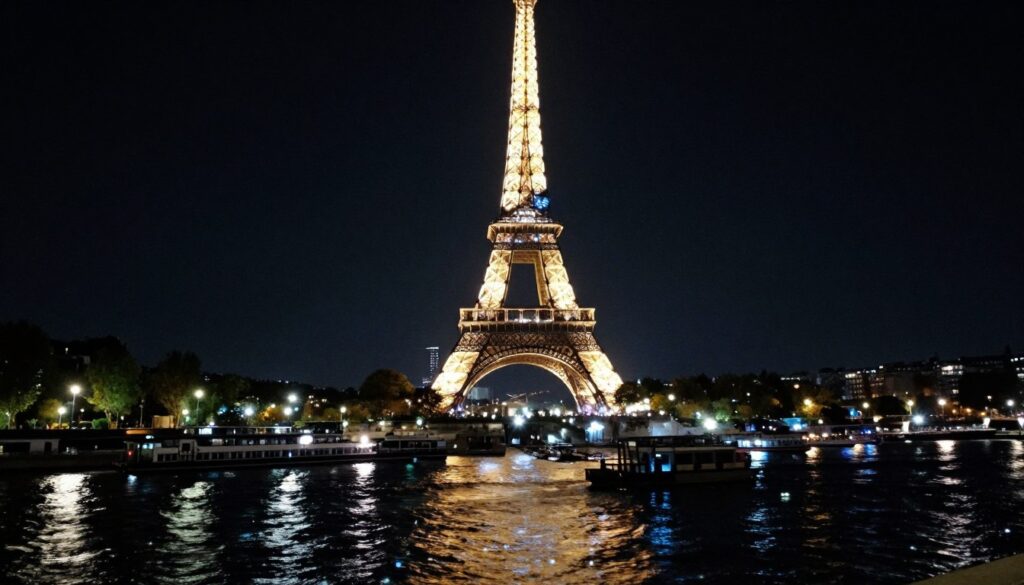 A breathtaking view of the Eiffel Tower sparkling at night, captured from the Seine quays. In the foreground, gently illuminated water reflects the shimmering lights of the tower, creating a romantic ambiance. The middle ground features the iconic lattice structure of the Eiffel Tower, glistening with thousands of lights, framed by lush trees along the riverbank. In the background, the silhouette of Parisian buildings and softly glowing street lamps enhance the enchanting atmosphere. Utilize cinematic lighting to create depth and detail, with a focus on the sparkling lights of the tower to evoke a sense of wonder. Capture this scene in 8k resolution, ensuring highly detailed textures and a serene, romantic mood, reminiscent of love stories set in the City of Love.