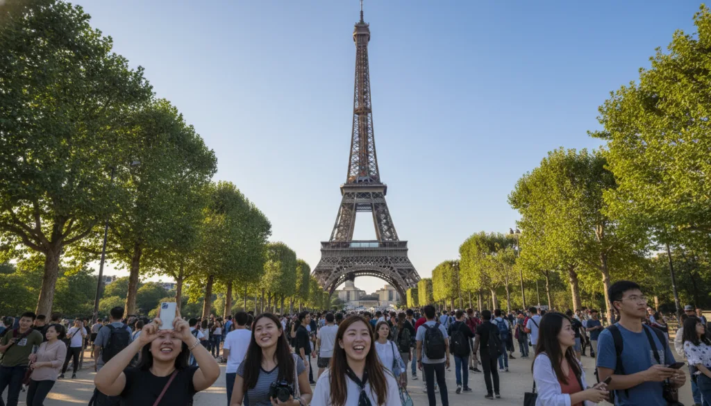 Una vista impressionant de la Torre Eiffel que s'alça majestuosament contra un cel blau clar. En primer pla, arbres verds vibrants emmarquen l'estructura icònica, les seves fulles es balancegen suaument amb la brisa. El pis del mig presenta una escena bulliciosa de visitants fent fotografies, alguns amb somriures i altres admirant l'intricat enreixat de ferro de la torre. Les torres de la Torre Eiffel al fons, banyades per la càlida llum del sol de la tarda, projectant ombres suaus sobre l'herba de sota. L'angle de la càmera és lleugerament baix, emfatitzant l'alçada de la torre, amb una lent gran angular per capturar tota l'escena. L'atmosfera és animada i alegre, encapsulant l'essència de París com a destinació obligada. La imatge no conté text ni marques d'aigua, i se centra únicament en aquesta atracció icònica. Una vista impressionant de la Torre Eiffel que s'alça majestuosament contra un cel blau clar. En primer pla, arbres verds vibrants emmarquen l'estructura icònica, les seves fulles es balancegen suaument amb la brisa. El pis del mig presenta una escena bulliciosa de visitants fent fotografies, alguns amb somriures i altres admirant l'intricat enreixat de ferro de la torre. Les torres de la Torre Eiffel al fons, banyades per la càlida llum del sol de la tarda, projectant ombres suaus sobre l'herba de sota. L'angle de la càmera és lleugerament baix, emfatitzant l'alçada de la torre, amb una lent gran angular per capturar tota l'escena. L'atmosfera és animada i alegre, encapsulant l'essència de París com a destinació obligada. La imatge no conté text ni marques d'aigua, i se centra únicament en aquesta atracció icònica.