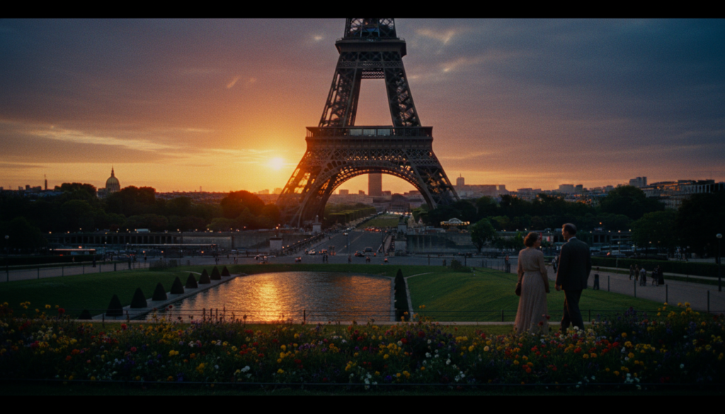 A breathtaking view of the Eiffel Tower, the iconic landmark of Paris, standing majestically against a vibrant sunset sky. In the foreground, lush green gardens with colorful blooming flowers add life to the scene, while elegantly dressed tourists stroll, admiring the monument. The middle ground showcases the Eiffel Tower, intricately detailed with metallic textures, illuminated by warm, golden cinematic lighting. The background features the Seine River glistening under the evening light, with the Parisian skyline softly blurred, creating a sense of depth and grandeur. Capture this picturesque scene in stunning 8k resolution, using a wide-angle lens to emphasize the tower’s towering presence and the enchanting atmosphere of Paris at dusk.