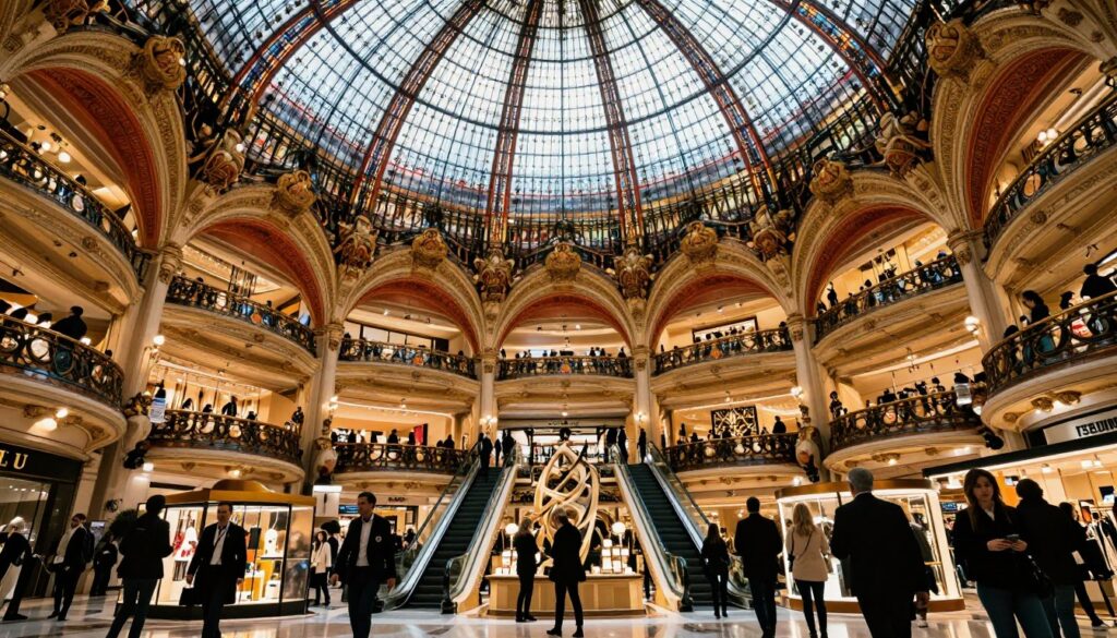 A breathtaking view of the Galeries Lafayette department store in Paris, capturing its iconic glass dome and intricate art nouveau architecture. In the foreground, showcase elegant shoppers in professional business attire and chic casual outfits, browsing through the luxurious displays. The middle ground highlights the grand escalators and ornate railings, bustling with activity. In the background, the stunning dome features vibrant stained glass and intricate patterns, illuminated by warm, soft, cinematic lighting which accentuates the rich details of the store. Use a wide-angle lens to create a sense of grandeur, with a slight upward angle that emphasizes the soaring ceilings. The atmosphere is lively yet sophisticated, embodying the essence of a premier shopping destination in Paris, rendered in ultra-realistic 8k resolution with highly detailed textures.