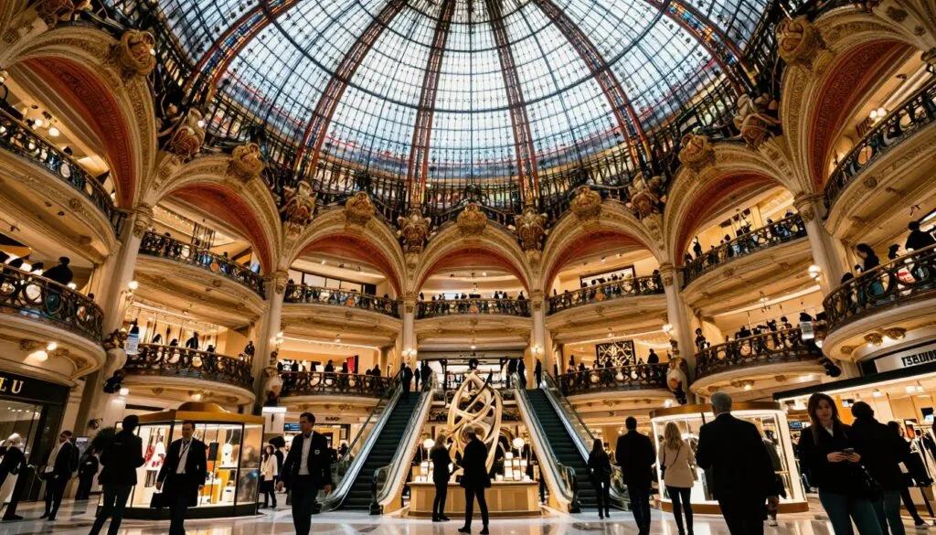 Mahavariana ny fomba fijery ny fivarotana lehibe Galeries Lafayette any Paris, izay maneho ny endriny fitaratra malaza sy ny maritrano art nouveau saro-takarina. Eo aloha, asehoy ireo mpiantsena kanto manao akanjo matihanina sy akanjo tsotra, mijery ireo fampirantiana mihaja. Ny afovoany dia manasongadina ireo fiakarana lehibe sy ny arofanina voaravaka, feno hetsika. Ao ambadika, ny dome mahavariana dia ahitana fitaratra miloko marevaka sy lamina saro-takarina, hazavain'ny jiro mafana sy malefaka ary sinematika izay manasongadina ny antsipiriany manankarena amin'ny fivarotana. Ampiasao ny family zoro midadasika mba hamoronana fahatsapana fahamboniana, miaraka amin'ny zoro miakatra kely izay manasongadina ny valindrihana avo. Velona nefa kanto ny rivo-piainana, maneho ny maha-zava-dehibe ny toerana fivarotana lehibe any Paris, aseho amin'ny resolution 8k tena izy miaraka amin'ny endrika tena misy amin'ny antsipiriany.