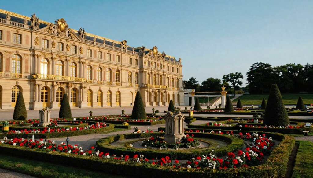 A breathtaking view of the Palace of Versailles, showcasing its opulent Baroque architecture and intricate gold detailing. In the foreground, elegant manicured gardens filled with vibrant flowers and perfectly trimmed hedges lead up to the grand entrance. The middle ground features the majestic palace, adorned with tall windows and expansive balconies, reflecting the afternoon sun. In the background, lush green trees and sprawling lawns extend towards the horizon, under a clear blue sky. The scene is illuminated by soft, cinematic lighting that casts a warm glow on the buildings. Captured in 8k resolution, the image highlights the textures of the stone and the vivid colors of the flora, evoking a sense of royal grandeur and historical significance.
