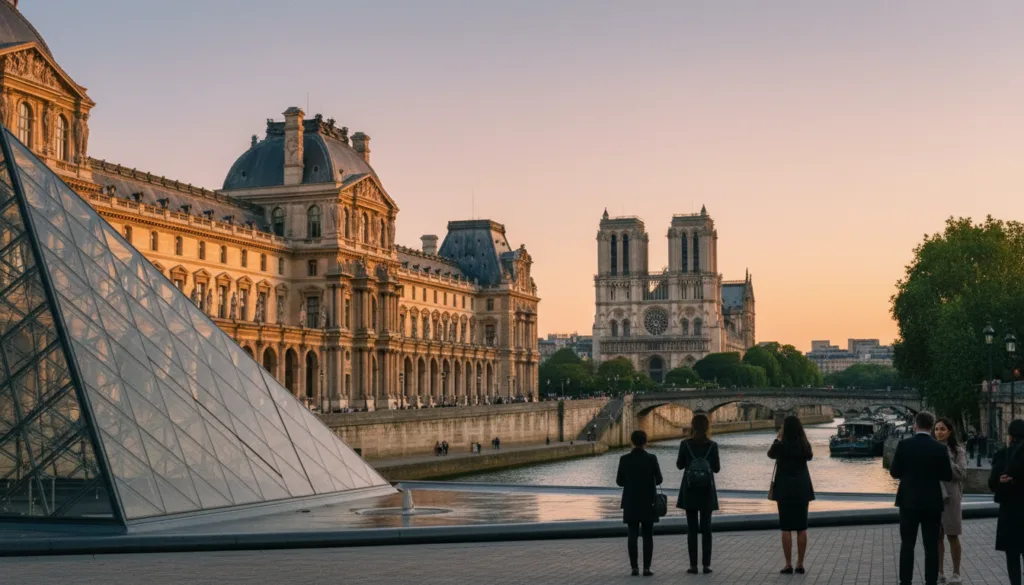 Une vue imprenable sur les musées parisiens de renommée mondiale. Au premier plan, le Louvre et son emblématique pyramide de verre scintillent sous la douce lumière dorée du crépuscule. Au second plan, le musée d'Orsay dévoile sa superbe architecture Beaux-Arts, tandis que la Seine, paisible, reflète l'élégance des bâtiments. À l'arrière-plan, la silhouette iconique de la cathédrale Notre-Dame se détache sur un ciel aux teintes pastel. La scène inclut des touristes légèrement flous, en tenue d'affaires, admirant les œuvres d'art et créant une atmosphère à la fois vivante et respectueuse. Cette image d'une grande précision met en valeur les textures et la beauté architecturale. Prise en contre-plongée pour une immersion totale, elle est rendue en résolution 8K avec un éclairage cinématographique qui sublime la magie des trésors culturels parisiens. Une vue imprenable sur les musées parisiens de renommée mondiale. Au premier plan, le Louvre et son emblématique pyramide de verre scintillent sous la douce lumière dorée du crépuscule. Au second plan, le musée d'Orsay dévoile sa superbe architecture Beaux-Arts, tandis que la Seine, paisible, reflète l'élégance des bâtiments. À l'arrière-plan, la silhouette iconique de la cathédrale Notre-Dame se détache sur un ciel aux teintes pastel. La scène inclut des touristes légèrement flous, en tenue d'affaires, admirant les œuvres d'art et créant une atmosphère à la fois vivante et respectueuse. Cette image d'une grande précision met en valeur les textures et la beauté architecturale. Prise en contre-plongée pour une immersion totale, elle est rendue en résolution 8K avec un éclairage cinématographique qui sublime la magie des trésors culturels parisiens.