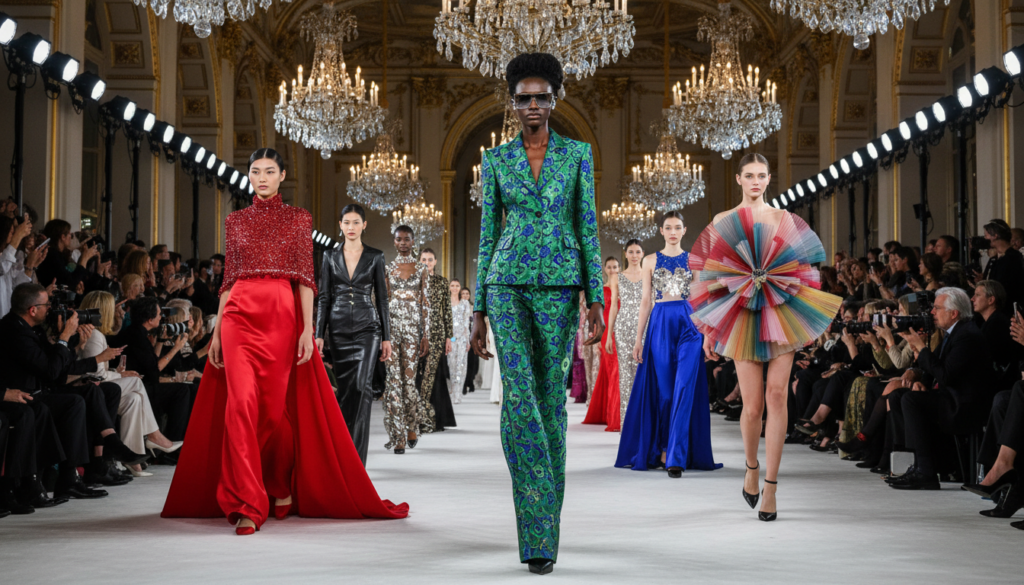 A bustling Paris Fashion Week runway show, featuring diverse models of varying ethnicities confidently showcasing the latest high-fashion collections. In the foreground, a model in a chic, tailored suit struts down the catwalk, showcasing intricate designs and vibrant colors. The middle ground captures other models clad in elegant evening gowns and avant-garde outfits, each with unique textures and patterns that highlight the creativity of top designers. The background features an opulent venue with elegant chandeliers, expertly lit to create dramatic shadows and highlight the couture pieces. The atmosphere is lively and energetic, filled with stylish onlookers and photographers capturing the moment. The angle is slightly low, emphasizing the height of the models and the grandeur of the setting. The lighting is bright and dynamic, enhancing the glamorous feel of the event.