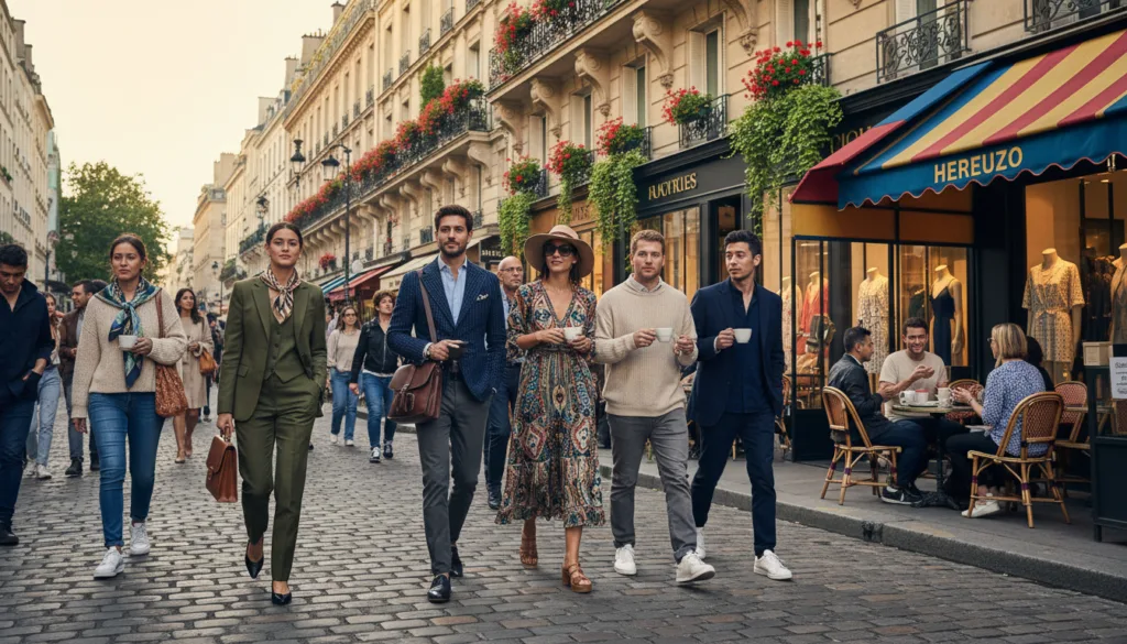 Una vibrante escena callejera parisina exhibe un vibrante estilo de moda en barrios chic como Le Marais y Saint-Germain. En primer plano, un grupo diverso de personas elegantes, con atuendos profesionales y ropa informal de buen gusto, pasea por las calles adoquinadas, transmitiendo seguridad y estilo. En el plano medio, se encuentran escaparates de boutiques con maniquíes vestidos a la última moda y cafeterías artesanales con terrazas llenas de clientes disfrutando de un café bajo coloridos toldos. Al fondo, se aprecia la arquitectura parisina clásica, con balcones de hierro forjado y jardineras floridas, bañadas por la suave y cálida luz del atardecer que proyecta sombras suaves. La escena se siente animada y acogedora, capturando la esencia de París como capital de la moda, con un aire de sofisticación y creatividad.