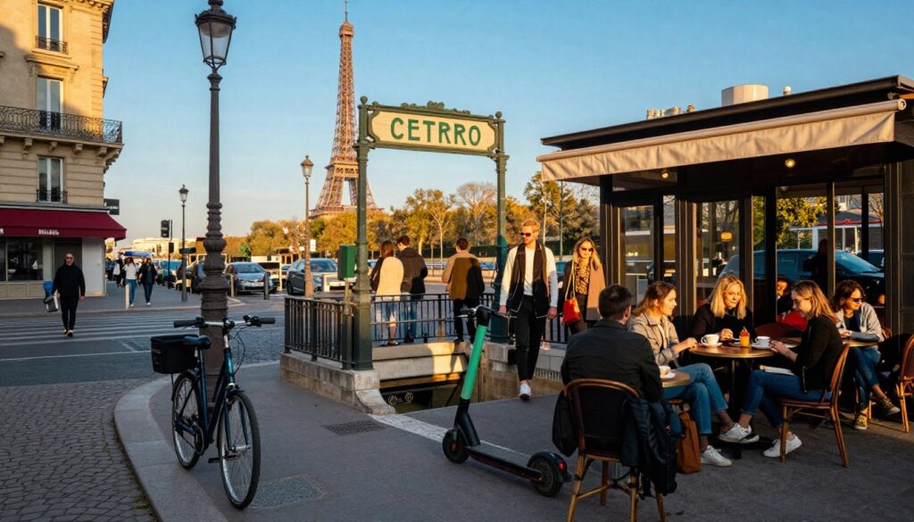 A bustling Paris street scene that showcases the city's diverse transportation options. In the foreground, a bicycle and a modern electric scooter stand against a quaint café terrace where locals enjoy their coffee, dressed in casual attire. The middle ground features a classic Parisian metro entrance, with pedestrians in stylish clothing entering and exiting. Iconic landmarks like the Eiffel Tower are softly visible in the background, framed by a clear blue sky at golden hour, casting warm, cinematic lighting over the scene. High-resolution details capture the textures of the cobblestone streets and the vibrancy of the café, creating a welcoming atmosphere that highlights the ease of navigating Paris. The composition is shot at a slightly elevated angle to encompass the lively street activity.
