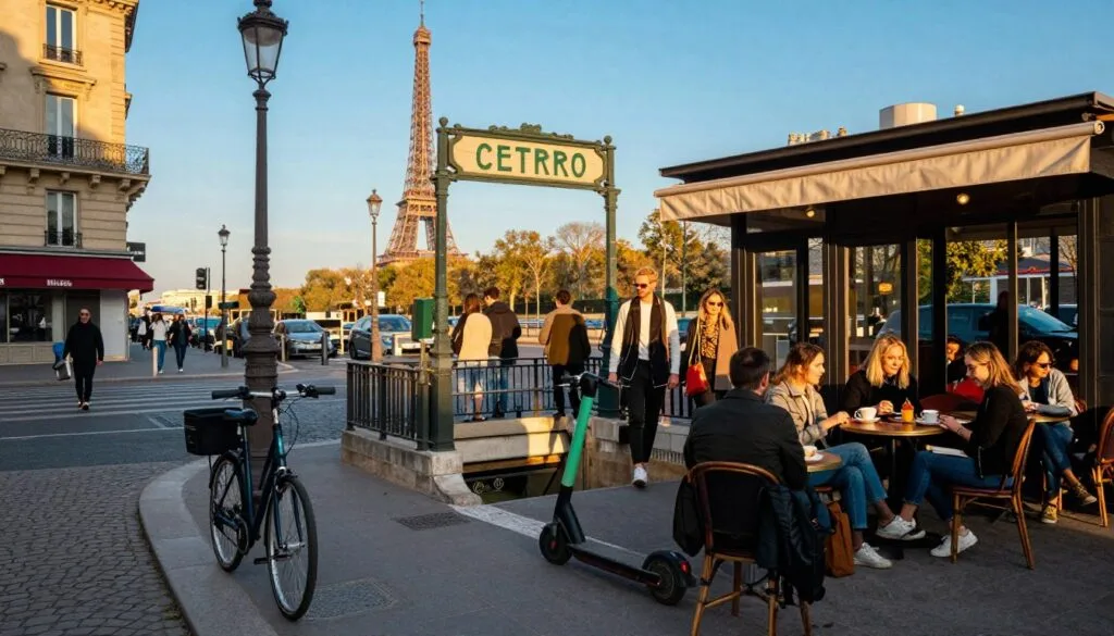 Une scène de rue parisienne animée, illustrant la diversité des transports en commun de la ville. Au premier plan, un vélo et une trottinette électrique moderne côtoient la terrasse d'un café pittoresque où des Parisiens, vêtus de façon décontractée, savourent leur café. Au second plan, une entrée classique du métro parisien, où des piétons élégants entrent et sortent. Des monuments emblématiques comme la Tour Eiffel se dessinent en arrière-plan, encadrés par un ciel bleu azur baigné d'une lumière chaude et cinématographique à l'heure dorée. La haute résolution des détails capture la texture des pavés et l'atmosphère vibrante du café, créant une ambiance chaleureuse qui souligne la facilité de se déplacer à Paris. La composition, prise en plongée, embrasse l'activité intense de la rue. Une scène de rue parisienne animée, illustrant la diversité des transports en commun de la ville. Au premier plan, un vélo et une trottinette électrique moderne côtoient la terrasse d'un café pittoresque où des Parisiens, vêtus de façon décontractée, savourent leur café. Au second plan, une entrée classique du métro parisien, où des piétons élégants entrent et sortent. Des monuments emblématiques comme la Tour Eiffel se dessinent en arrière-plan, encadrés par un ciel bleu azur baigné d'une lumière chaude et cinématographique à l'heure dorée. La haute résolution des détails capture la texture des pavés et l'atmosphère vibrante du café, créant une ambiance chaleureuse qui souligne la facilité de se déplacer à Paris. La composition, prise en plongée, embrasse l'activité intense de la rue.