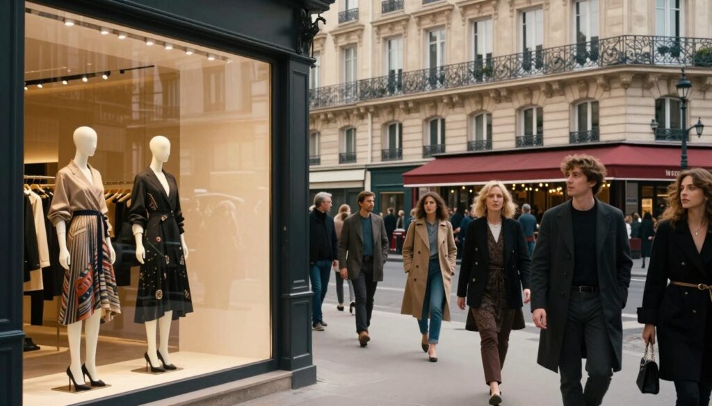 A bustling Parisian fashion retail street scene, capturing the allure of high fashion. In the foreground, a chic storefront displays elegant attire through large glass windows, showcasing meticulously arranged outfits with a blend of classical and modern styles. Stylish mannequins stand poised, dressed in the latest trends. In the middle ground, fashionable pedestrians stroll by, adorned in sophisticated clothing, some stopping to admire the window displays. Their expressions reflect a sense of awe and inspiration. The background reveals iconic Parisian architecture, featuring wrought-iron balconies and charming cafes, bathed in soft, warm sunlight. The scene is captured with cinematic lighting and highly detailed textures to evoke a vibrant, lively atmosphere of Parisian fashion culture, in stunning 8k resolution.