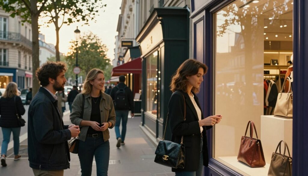A bustling Parisian shopping street during golden hour, showcasing a practical shopping experience. In the foreground, a stylish woman in smart casual attire examines a chic handbag at a boutique window, her expression focused yet content. To the left, a friendly shopkeeper assists a customer, both engaged in a pleasant conversation, displaying warmth and professionalism. The middle ground features a row of quaint shops with colorful displays, inviting passersby. In the background, iconic Parisian architecture and gently swaying trees create a charming atmosphere. Soft, diffused sunlight bathes the scene, emphasizing details like textures of the storefronts and the vibrancy of the window displays. Shot with a wide-angle lens, capturing the eye-catching depth of this lively shopping avenue, rendered in 8k resolution with cinematic lighting.
