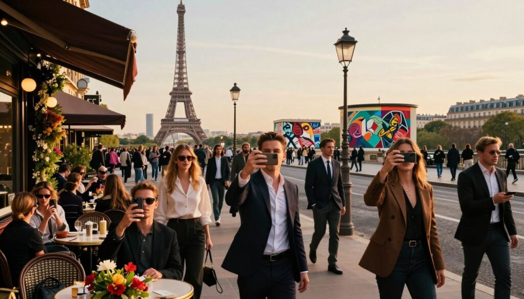 A bustling Parisian street featuring popular influencer hotspots and notable celebrity-visited attractions. In the foreground, diverse young adults in professional business attire and stylish casual wear are taking selfies and capturing moments on their smartphones, surrounded by chic outdoor cafes adorned with vibrant flowers and trendy decor. The middle ground showcases iconic landmarks such as the Eiffel Tower and artistic murals, bustling with tourists and lively interactions. The background captures a charming Parisian skyline during golden hour, with sunlight casting a warm glow over the scene. The atmosphere is energetic and inviting, emphasizing a blend of sophisticated flair and urban style. The image should be a raw photograph in 8k resolution, featuring cinematic lighting and highly detailed textures. A bustling Parisian street featuring popular influencer hotspots and notable celebrity-visited attractions. In the foreground, diverse young adults in professional business attire and stylish casual wear are taking selfies and capturing moments on their smartphones, surrounded by chic outdoor cafes adorned with vibrant flowers and trendy decor. The middle ground showcases iconic landmarks such as the Eiffel Tower and artistic murals, bustling with tourists and lively interactions. The background captures a charming Parisian skyline during golden hour, with sunlight casting a warm glow over the scene. The atmosphere is energetic and inviting, emphasizing a blend of sophisticated flair and urban style. The image should be a raw photograph in 8k resolution, featuring cinematic lighting and highly detailed textures.