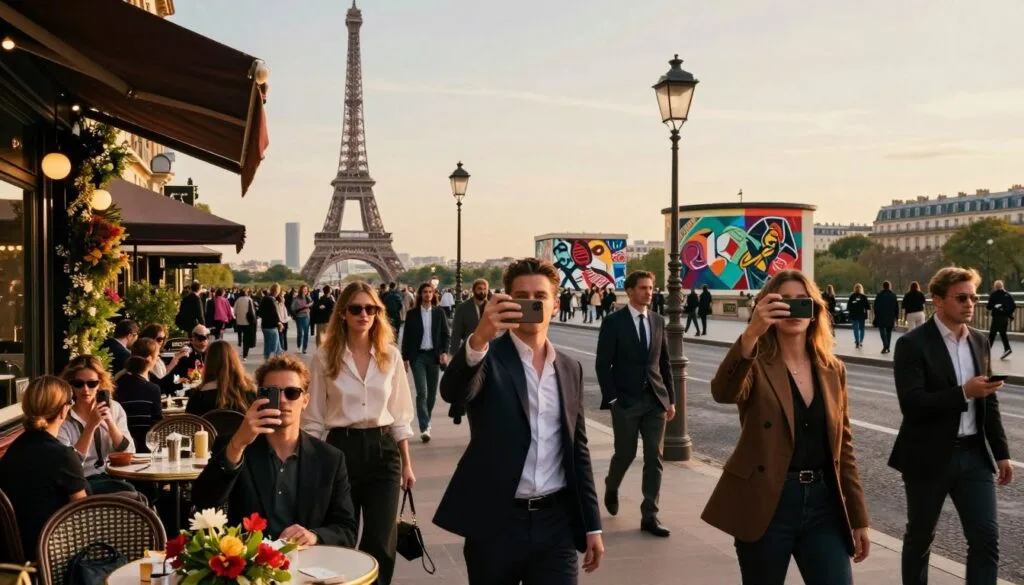 Una bulliciosa calle parisina con populares lugares de interés para influencers y atracciones turísticas frecuentadas por famosos. En primer plano, diversos jóvenes con atuendos profesionales y elegante ropa informal se toman selfis y capturan momentos con sus smartphones, rodeados de elegantes cafeterías al aire libre adornadas con flores vibrantes y decoración moderna. En segundo plano, se muestran lugares emblemáticos como la Torre Eiffel y murales artísticos, repletos de turistas y animadas interacciones. El fondo captura un encantador horizonte parisino durante la hora dorada, con la luz del sol proyectando un cálido resplandor sobre la escena. El ambiente es enérgico y acogedor, combinando sofisticación y estilo urbano. La imagen debe ser una fotografía sin editar en resolución 8k, con iluminación cinematográfica y texturas muy detalladas.