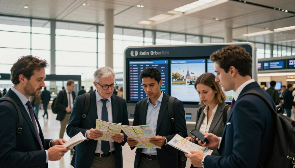 A bustling scene at Paris Charles de Gaulle Airport, illustrating the travel planning experience for U.S. travelers. In the foreground, a diverse group of travelers in professional business attire, holding maps and smartphones, discussing their itineraries with enthusiasm. The middle ground features a sleek information kiosk displaying flight schedules and tourist brochures for WWII tours in Paris. The background reveals the iconic architecture of the airport, filled with natural light streaming through expansive windows, creating a welcoming atmosphere. Soft shadows add depth, and the image captures the excitement of travel planning. Shot with a wide-angle lens in 8k resolution, emphasizing highly detailed textures and cinematic lighting, evoking a sense of adventure and exploration.