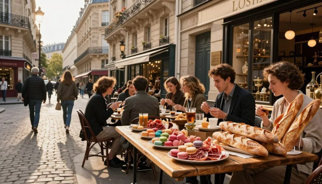 Seho feno olona ao Le Marais, Paris, izay mampiseho karazana sakafo matsiro isan-karazany eo amin'ny lavarangana kafe mahazatra. Eo aloha, misy latabatra hazo ambanivohitra mampiseho baguettes vita tanana, macarons miloko marevaka, ary charcuterie voalamina tsara tarehy. Ireo mpisakafo amin'ny fitafiana maoderina dia mankafy ny sakafony, mampahatsiahy ny rivo-piainana Parisiana mavitrika nefa milamina. Ny toerana afovoany dia ahitana arabe vato manan-tantara voaravaka vatokely misy boutiques mahafinaritra mampiseho haingon-trano tranainy sy asa tanana eo an-toerana. Ny tara-masoandro malefaka amin'ny ora volamena dia mandona ny sehatra, mamoaka aloka lava ary manatsara ny endrika. Ao ambadika, misy tranobe mahavariana amin'ny fomba Haussmann, voaravaka lavarangana vy vita amin'ny vy. Mafana sy mahafinaritra ny rivo-piainana ankapobeny, manasongadina ny harena ara-tsakafo mahafinaritra sy ny tantara manankarena ao Le Marais. Nalaina sary tamin'ny fakantsary haingana 35mm mba hampahatsiahy ny estetika tena izy miaraka amin'ny antsipiriany mazava.