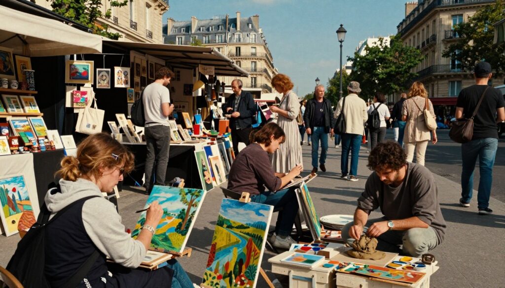 A bustling street scene in Paris showcasing local artists at work. In the foreground, a diverse group of artists, including a woman painting a vibrant landscape and a man sculpting in clay, are surrounded by their colorful creations. The middle ground features charming artisan stalls, overflowing with handmade crafts and artworks, while admirers interact and browse, all clad in tasteful casual clothing. The background reveals iconic Parisian architecture under a clear blue sky, with hints of greenery from nearby trees. Soft, cinematic lighting casts gentle shadows, enhancing the textures of the artworks and the ambiance of creativity. The scene captures the lively, artistic spirit of Paris, inviting viewers to immerse themselves in the local art and creative scene. The image is in 8k resolution, offering a highly detailed and vibrant visual experience.